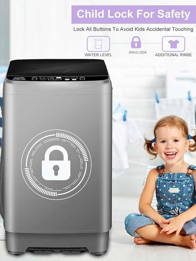 Full-Automatic Washing Machine 25 lbs Portable Washer 10 Wash Program & 8 Water Level with LED Display，Drain Pump, Ideal for Apartments, RV, Camping, Grey