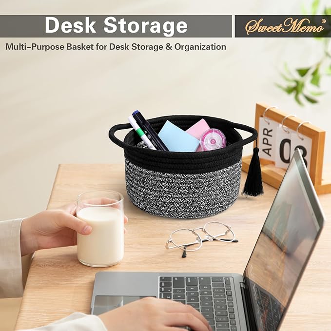 Empty Gift Basket Mini Woven Rope Organizer Baskets for Baby Shower, Vanity, Makeup Brushes, Bathroom, Shelves, Desk - Small Decorative Storage Bins - Set of 2, Pre-Shaped, Black Grey
