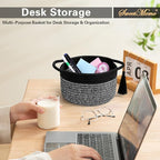 Empty Gift Basket Mini Woven Rope Organizer Baskets for Baby Shower, Vanity, Makeup Brushes, Bathroom, Shelves, Desk - Small Decorative Storage Bins - Set of 2, Pre-Shaped, Black Grey