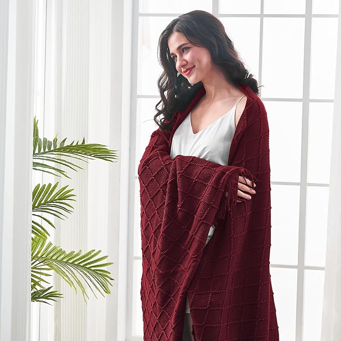inhand Knitted Throw Blankets for Couch and Bed, Soft Cozy Knit Blanket with Tassel, Claret Lightweight Decorative Blankets and Throws, Farmhouse Warm Woven Blanket for Men and Women, 60"x80"