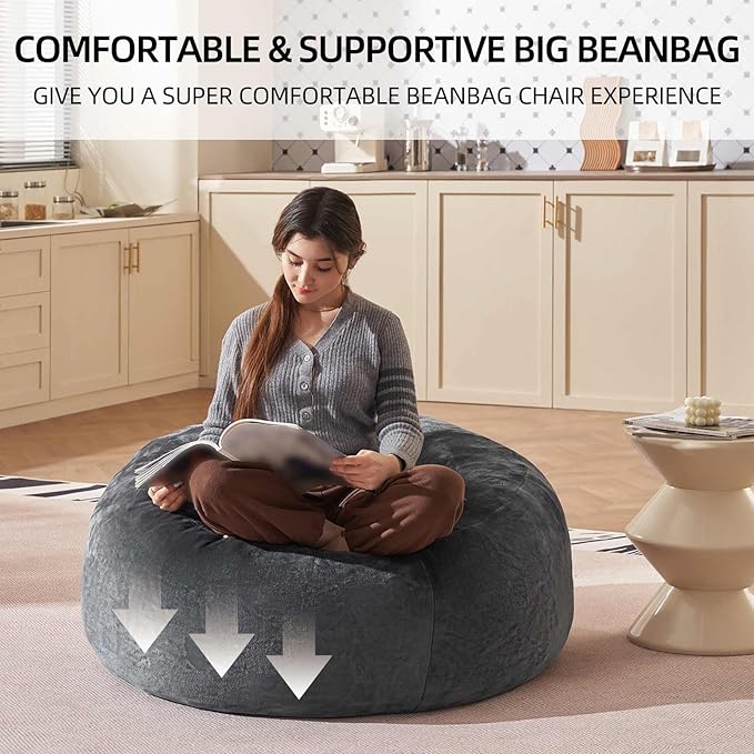 Bean Bag Chair 3Ft, Memory Foam Filled, Large Beanbag Chairs for Adults and Teens, Soft Sofa with Removable Flannel Cover, Round Couch for Living Room Bedroom College Dorm (Dark Gray, 3FT-36×36"×24")