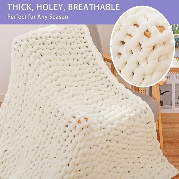 Bigacogo Chunky Knit Throw Blanket for Couch, 80x90 inches, 100% Hand Knitted with Thick Jumbo Chenille Yarn, Cozy Soft Large Rope Knot Cable Crochet Blankets for Sofa Bed Living Room, Ivory