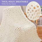 Bigacogo Chunky Knit Throw Blanket for Couch, 40x80 inches, 100% Hand Knitted with Thick Jumbo Chenille Yarn, Cozy Soft Large Rope Knot Cable Crochet Blankets for Sofa Bed Living Room, Ivory