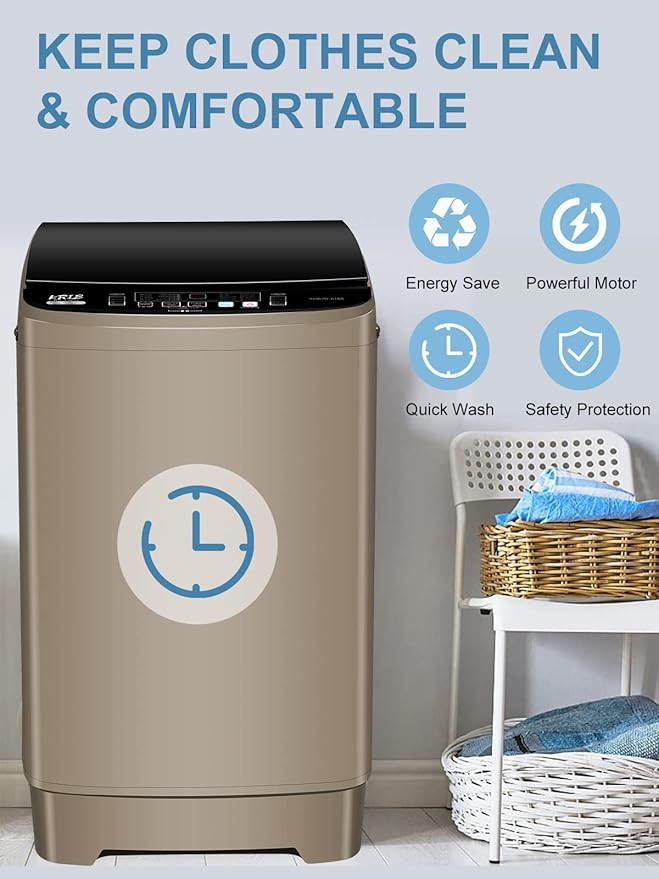 Full-Automatic Washing Machine 17.7 lbs Small Compact Portable 10 Wash Program & 8 Water Level Compact Washer with LED Display Ideal for Apartments, RV, Camping, Gold (KB03-GOLD6)