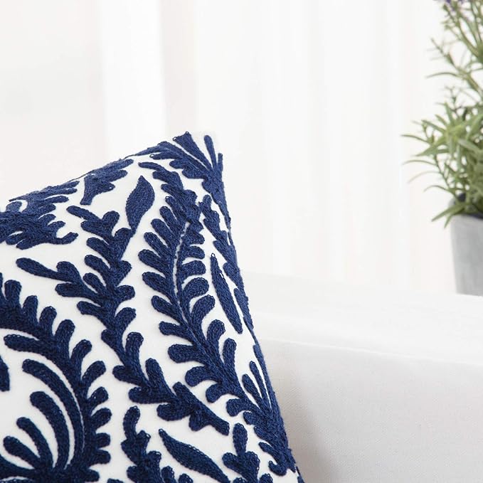 HWY 50 Navy Blue Decorative Throw Pillow Covers 18x18 Inch (1 Piece), Embroidered Cotton Farmhouse Cushion Cover Pillow Case for Sofa Couch Living Room Bed Bedroon, Floral Branches