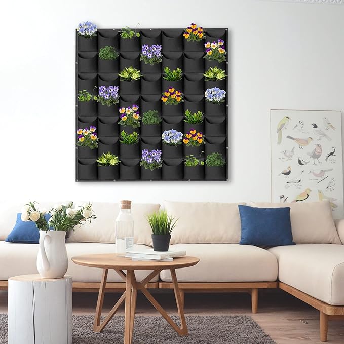 49 Pockets Hanging Planter Bags, Hanging Vertical Wall Mounted Plant Planting Grow Bags, Herb Garden Planter Outdoor Indoor Growing Bag, Gardening Vertical Greening Flower Container(1m×1m, Black)