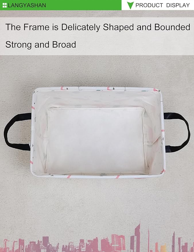 LANGYASHAN Rectangular Storage Bin Collapse Canvas Fabric Cartoon Storage Basket with Handles for Organizing Home Kitchen Boys and Girls Toys Office Closet Shelf Baskets(Rec Leaf Flamingo)