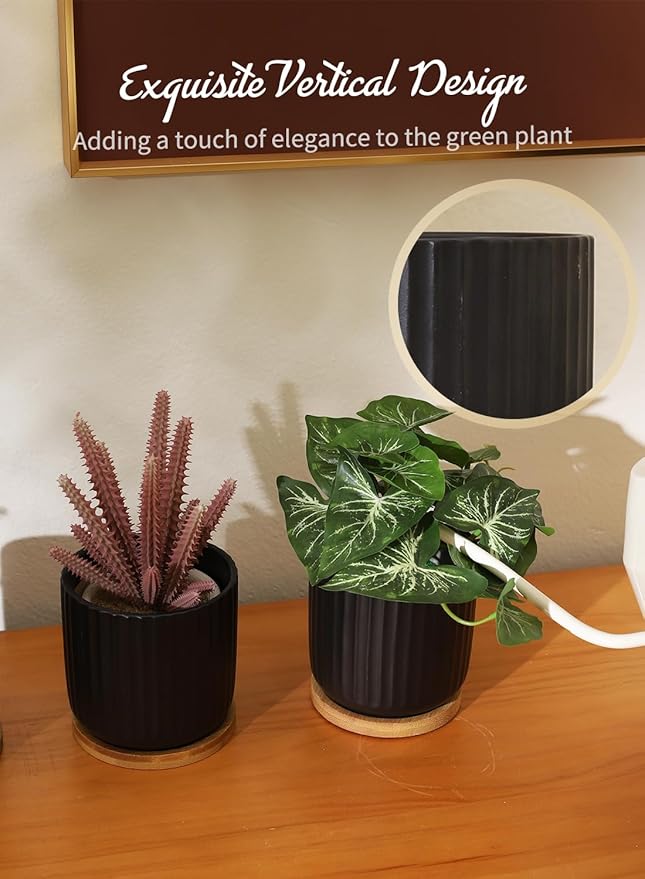TAMAYKIM 4 Inch Small Cylinder Ceramic Plant Pots with Drainage Holes, Modern Indoor Planters with Tray for Aloe, Succulent, Snake Plants, Cactus & Herbs, Black, Set of 4