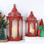 NEEDOMO Christmas Decorations Set of 2, 22''/15'' Christmas Lantern with Glass Panels for Home Decor, Decorative Hanging Lantern Indoor Outdoor for Xmas Table Centerpieces, Porch, Patio(Red)