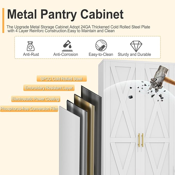 75" Tall Metal Kitchen Pantry Storage Cabinet, Freestanding Cupboard with 2 Doors and 5 Adjustable Shelves, Standing Storage for Kitchen, Bathroom, Garage, Dinning Room or Utility Room（White）