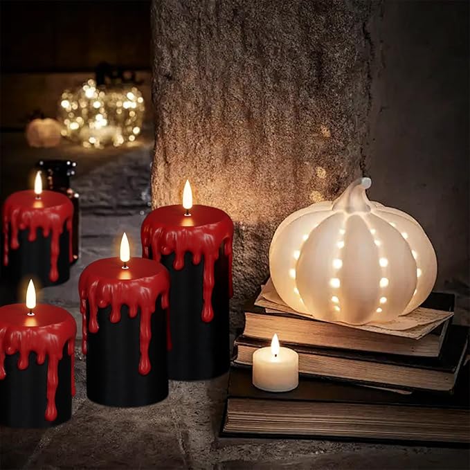 Wondise Halloween Flameless Candles with 6H Timer, Battery Operated Dripping Real Wax Black LED Pillar Candles 3D Wick Flickering Spooky Halloween Indoor Decoration (3 Pack, 3 x 4,5,6 Inches)