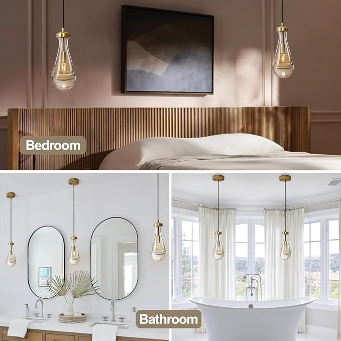 Raindrop Pendant Lights Set of 3, Pendant Lights Kitchen Island 3 Pack, Teardrop Glass Pendant Lights for Bedroom Bathroom, Island Lights, Chandelier for Living Room Hallway, Bulb Included