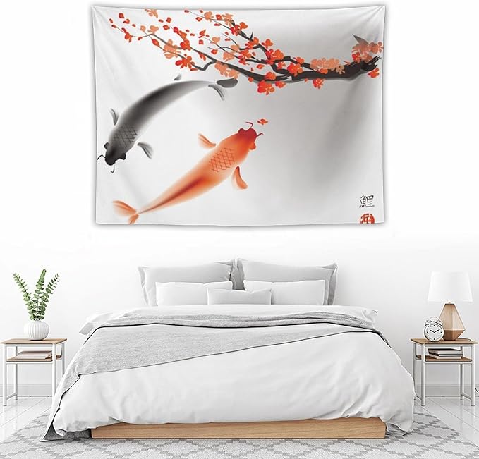 Japanese Koi Fish Tapestry, Cherry Blossoms Asian Oriental Flower Branch Koi Fish Carp Tapestries Wall Hanging for Bedroom Living Room Office Decor 40"x30"