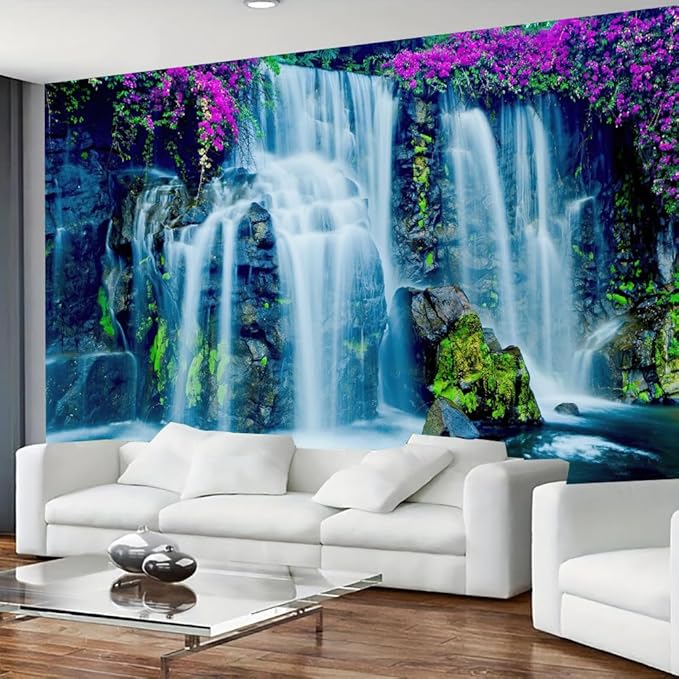 FENDROM Waterfall Tapestry Purple Forest Wild Flowers Floral Mountain Jungle Plants Nature Landscape Wall Hanging Bedroom Living Room Hanging Decorative Blanket