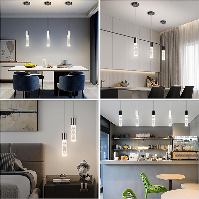 OKELI Modern Pendant Light,3Color LED Bubble Crystal Island Light Fixtures,Black Mini Pendant Lighting for Kitchen Island,Bar,6W,3000-6000K,ETL