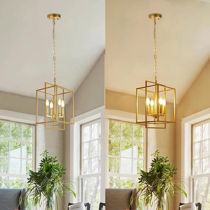 Farmhouse Gold Chandelier, 4-Light Vintage Chandeliers for Dining Room, Adjustable Modern Rustic Metal Hanging Pendant Light Fixture for Entryway Foyer Kitchen Island Hallway
