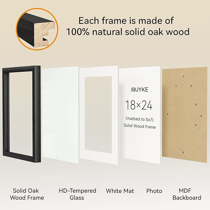 IBUYKE 18x24 Picture Frame,Solid Oak Wood 18x24 Photo Frame with Mat to 16x20,18x24 Picture Frames With Tempered Glass,Wall Mount Display,Home Decor,Black Oak 24 x 18 Frame,UWPF1824B