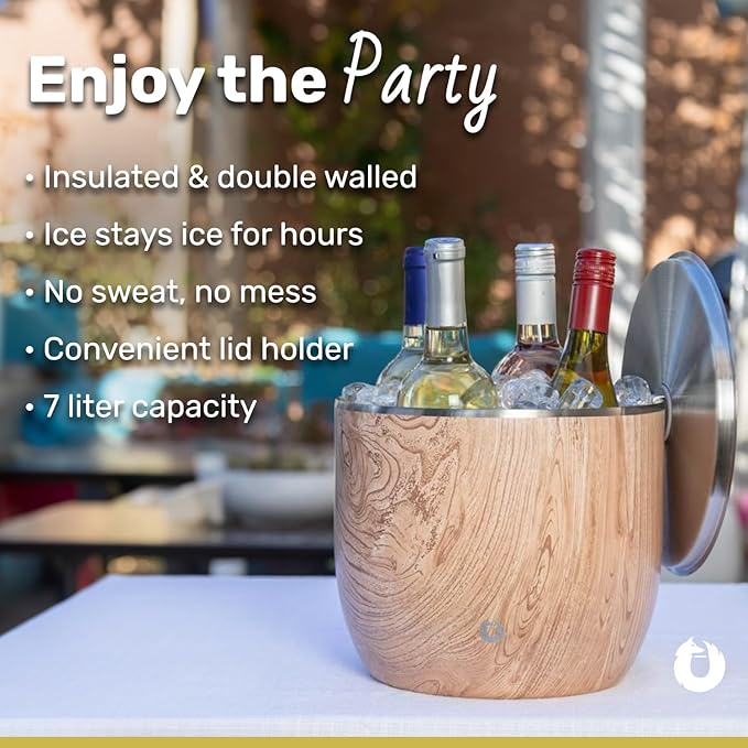 SNOWFOX XL Premium Vacuum Insulated Double Wall Stainless Steel Ice Bucket with Lid/Scoop, Bar Accessories, Large Elegant Party Bucket, Chills Several Bottles,Beautiful Entertaining Supplies,7L,Marble