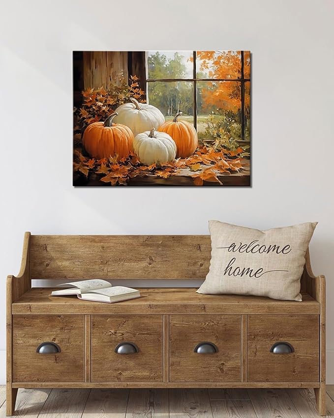 Vintage Pumpkin Window Fall Wall Art Decor, Farmhouse Barn Canvas Print with Autumn Harvest Theme, Framed Thanksgiving Decorations for Country Home, Ready to Hang
