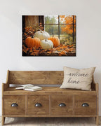 Vintage Pumpkin Window Fall Wall Art Decor, Farmhouse Barn Canvas Print with Autumn Harvest Theme, Framed Thanksgiving Decorations for Country Home, Ready to Hang