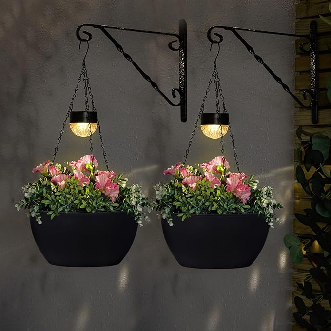 2 Packs Solar Hanging Basket Planters for Plants Outdoor, Self Watering Black Flower Plants Pots with Solar Light Drainer for Balcony Patio Garden Outdoor Decoration
