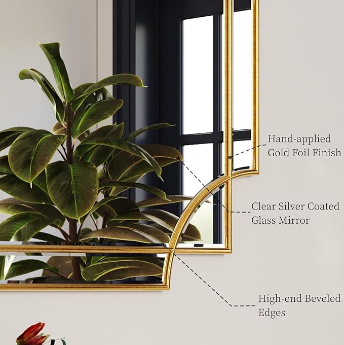 Kelly Miller Gold Bathroom Mirror for Wall, 24"x36" Large Decorative Mirror Gold Wall Mirror Vanity Mirror Beveled Wall Decor for Master Bath Half Bath Living Room Bedroom Fireplace Mantle Entryway