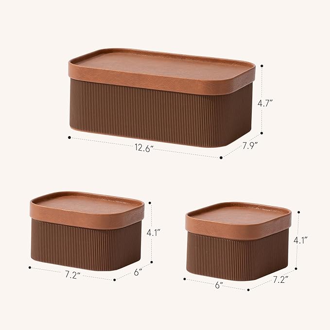 La Jolie Maison Fluted Cardboard Storage Baskets with Leather-Like Lids, Sturdy Stackable Paper Boxes Decorative Tray, Set of 3 Chestnut