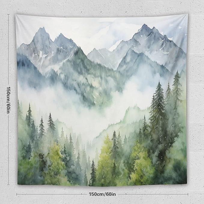 HZOHNAGO Mountain Tapestry Misty Green Forest Mountain Pattern Printed Wall Tapestry Wall Hanging for Bedroom Living Room Dorm 60" W x 60" H