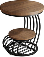Tribesigns Round End Side Table: 2 Tiers Side Table Set of 2, Vintage End Table for Living Room, Small Bedside Table Accent Table with Arc-Shaped Frame, Light Brown
