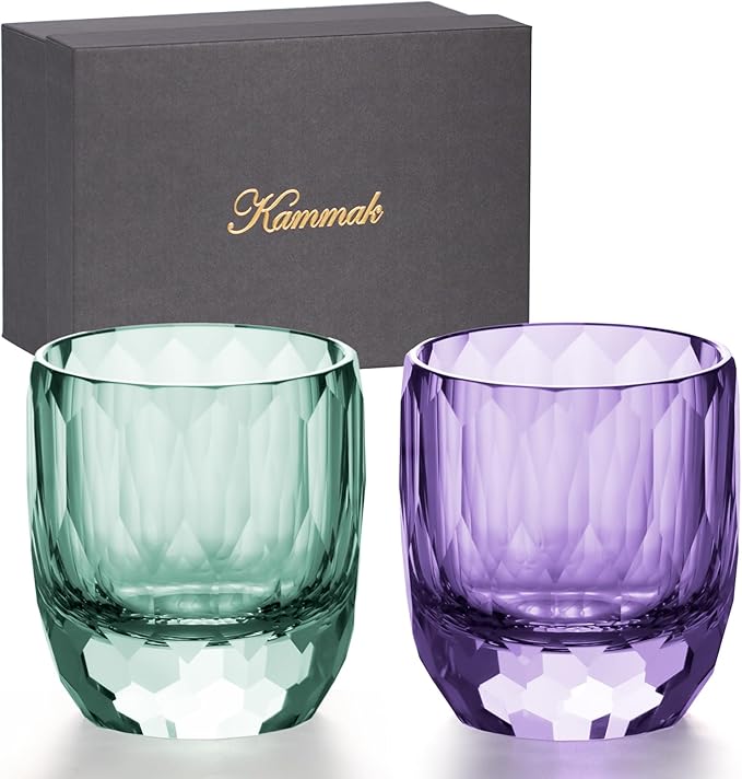 KAMMAK Crystal Whiskey Glasses Set of 2, 7oz Old Fashioned Glasses Stemless, Hand Blown Colored Cocktail Glasses, Engagement Gifts for Couples, Women, Men