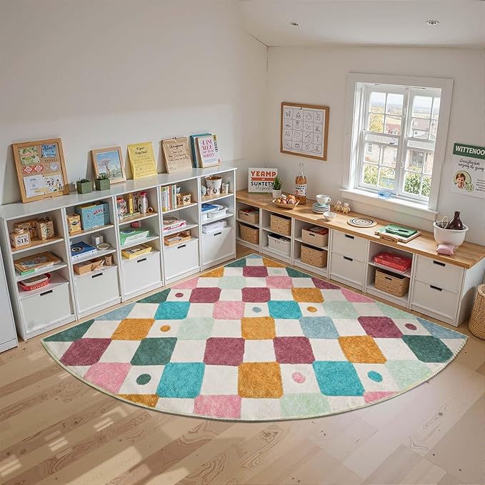 jinchan Kids Rug for Classroom 7ft Radius Corner Washable Area Rug Modern Colorful Quarter Circle Rug Soft Non-Slip Carpet for Nursery Playroom Daycare Reading Nook Living Room Confetti on Cream