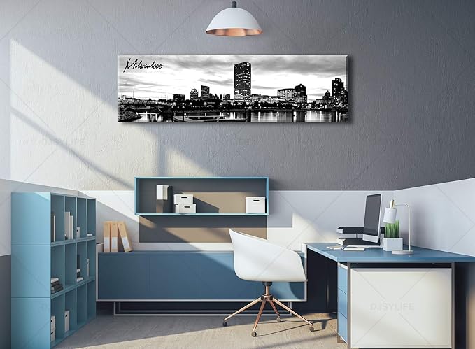 DJSYLIFE Milwaukee Skyline Wall Art Black and White Stretched Canvas Wall Art Prints for Bedroom or Office Decoration Ready to Hang 13.8" x 47.3"