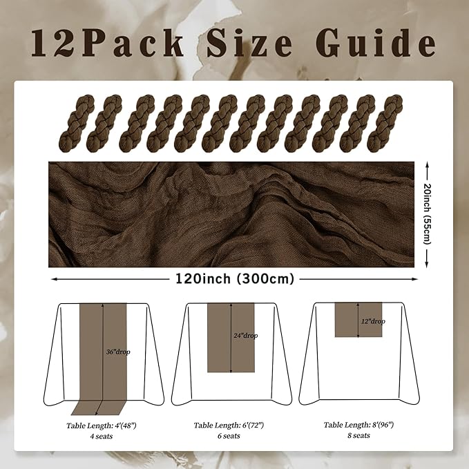 10FT 12 Pack Brown Cheesecloth Table Runner 20 x 120 Inch Long Boho Fabric Rustic Cheese Cloth Table Runner for Wedding Bridal Shower Baby Shower Gauze Sheer Birthday Party Table Decorations