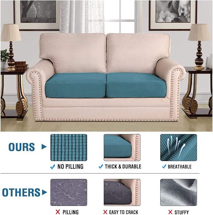 H.VERSAILTEX Super Stretch Individual Seat Cushion Covers Sofa Covers Couch Cushion Covers Slipcover Sets Thick Jacquard Textured Twill Fabric (2 Piece Medium Sofa Cushion Covers, Storm Blue)