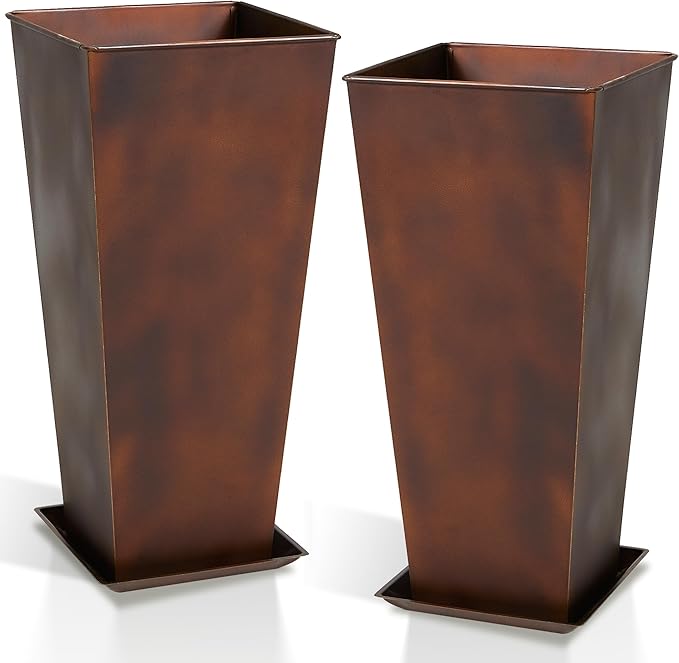 WORTH Garden 12" Dia x 25" H Large Metal Planter Set of 2, Matte Bronze Retro Finish Tall Square Tapered Steel Plant Pots, Decor Flower Pot Indoor & Outdoor, Drainage Hole & Dual-Purpose Plant Saucer