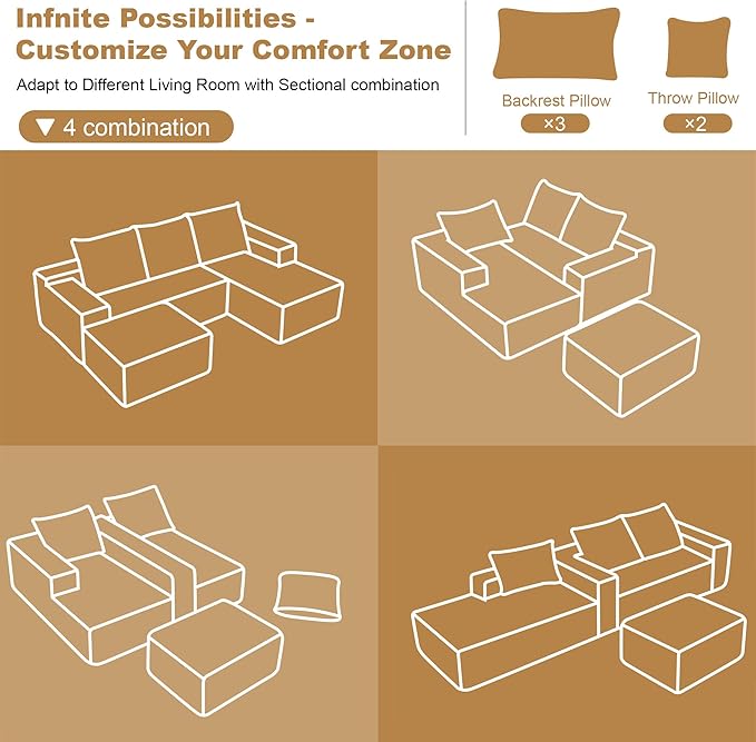 108" Sectional Couches for Living Room Modern Modular Sofa with L-Shape Couchs Upholstered Boneless Couch Deep Seat Sectional Couch with Chaise (Camel, Right Facing Chaise+2Seaters+1Ottoman)