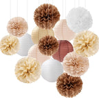 Boho Rustic Wedding Party-Decorations Paper Flowers Lanterns - 15PCS Fall Baby Shower Gender Neutral Streamers,Brown Champagne White Tissue Pom Poms,Autumn Birthday Bridal Decor Hugfond