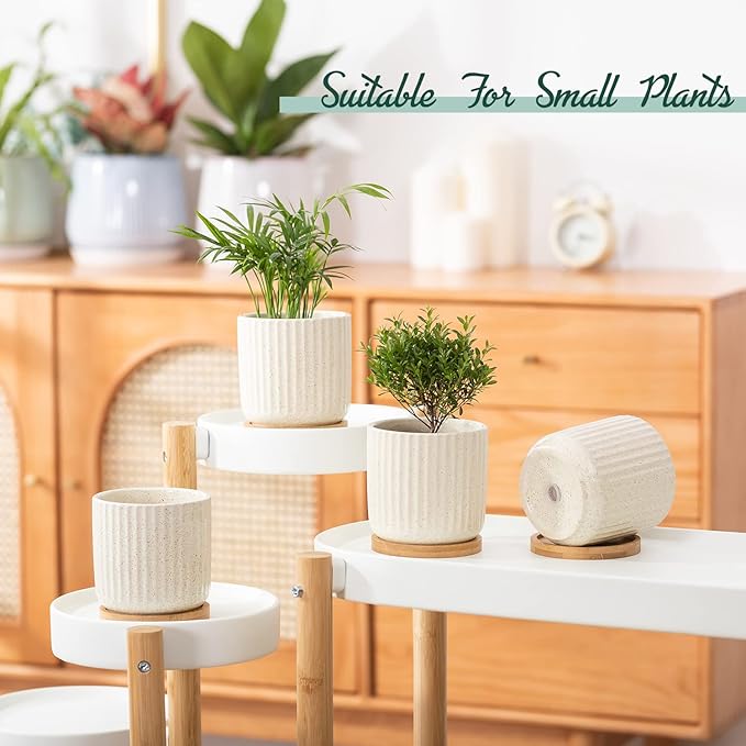 TAMAYKIM 4 Inch Ceramic Plant Pots with Drainage Holes, Modern Flower Planter with Saucer for Indoor Plants, Succulent, Cactus & Herbs, Beige, Set of 4 (Plants Not Included)