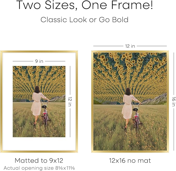 Homeforia 12x16 Picture Frame Gold, High End Metal 12x16 Poster Frames with Mat 9x12 for Photo, 12 x 16 Gold Frame Matted to 9 by 12 Print, 16x12 Thin Hanging Frame, Tempered Glass, Wall Kit, Set of 1