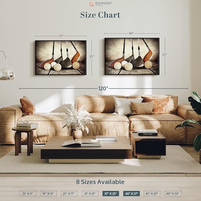 Elephant Stock Golf Sets Wall Art - Horizontal Framed Canvas - 1-Piece Mancave Wall Decor - Photography Sports Canvas Print - Yellow and Brown Decor for Wall - 40" X 27"