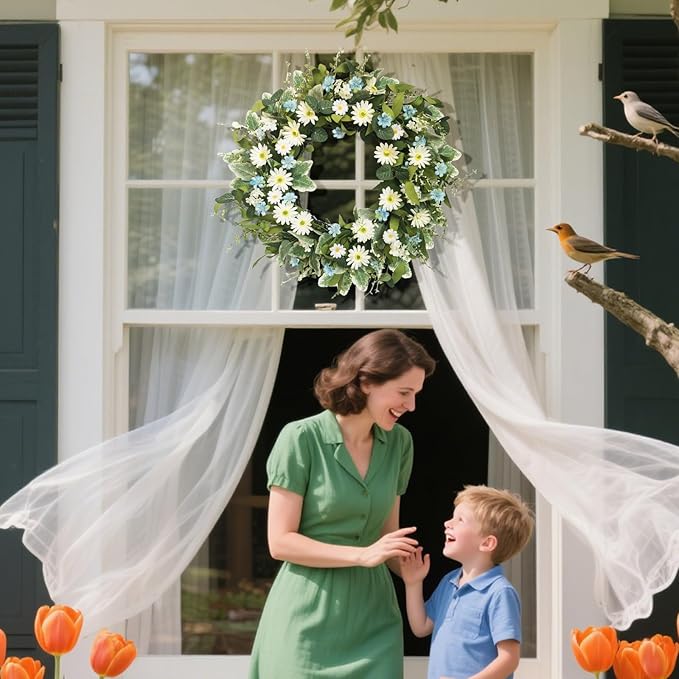 24 Inch Wreaths for Front Door, Large Spring Summer Artifiical Wreath with Blue White Daisy Flower, All Season Floral Wreaths for Porch Window Wall Decor Outside Indoor Outdoor Decorations