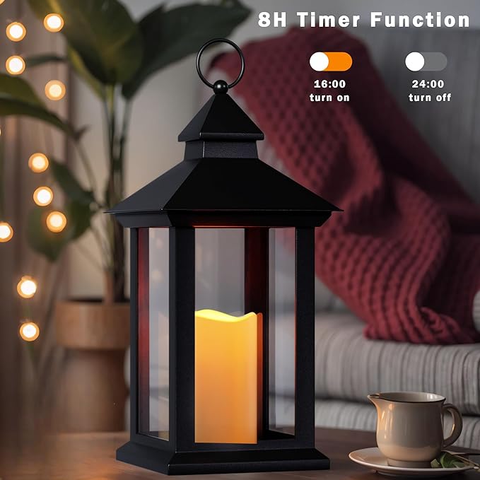Lanterns Decorative Indoor, 1 Pack Black Outdoor Lantern with Timer, 14" Lantern Waterproof with Battery Operated Candle, Outdoor Hanging Lanterns for Porch, Patio, Wedding Decor