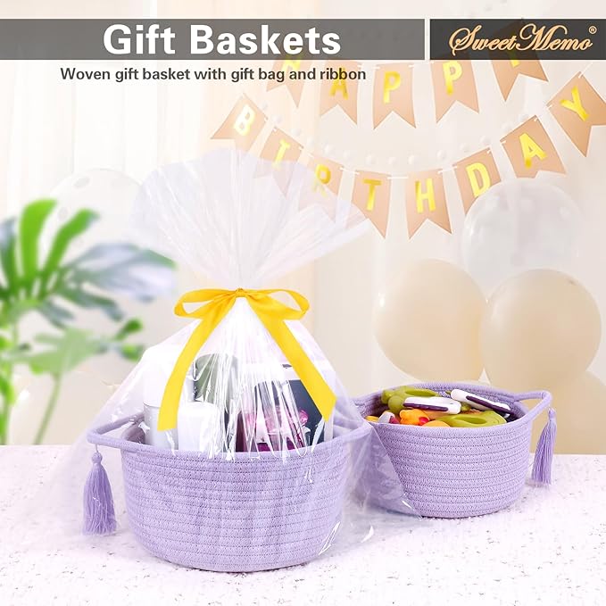 Small Purple Basket, Cute Woven Gift baskets with Cellophane Wrap set for Girl, Decorative Cotton Rope Container Bin, Little Makeup Brushes Holder for Bathroom Counter, Vanity, Cosmetics – lavender