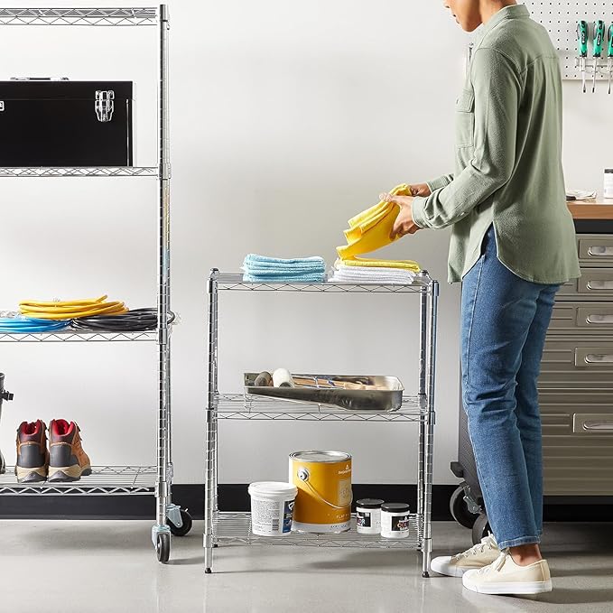 Amazon Basics 3-Shelf Adjustable Heavy Duty Steel Wire Rack Storage Shelving Organizer for Kitchen, Garage, 23.2" L x 13.4" W x 30" H, Chrome