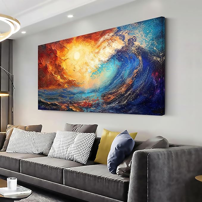 LASMOND Abstract Ocean Wall Art for Living Room Beautiful Blue Sea Wave Seawater Colorful Sky Landscape Wall Art Decor Artwork Bedroom Office (40 x 20 Inches)