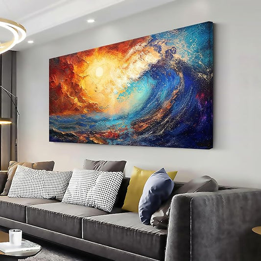 LASMOND Abstract Ocean Wall Art for Living Room Beautiful Blue Sea Wave Seawater Colorful Sky Landscape Wall Art Decor Artwork Bedroom Office (40 x 20 Inches)