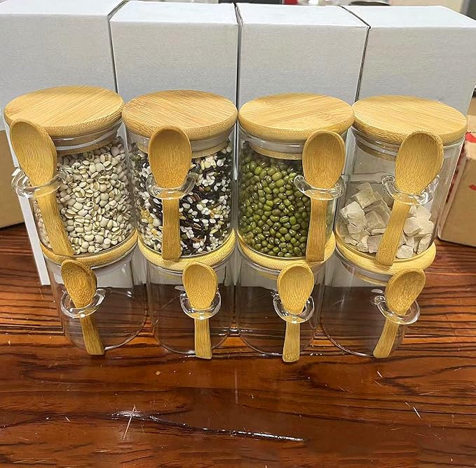 7.6 oz Airtight Mini Glass Jars with Bamboo Lids and Bamboo Spoons, Spice Jars Small Food Storage Containers for Kitchen, Bathroom, Home Decor Set of 8