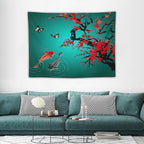 Japanese Koi Fish Tapestry, Cherry Blossoms Asian Oriental Green Teal Floral Branch Koi Fish Carp Tapestries Wall Hanging for Bedroom Living Room Office Decor 40"x30"