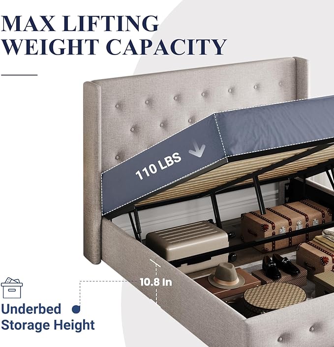 Allewie Full Size Lift Up Storage Bed, Button Tufted Headboard with Wingback, Hydraulic Support, No Box Spring Needed, Light Beige