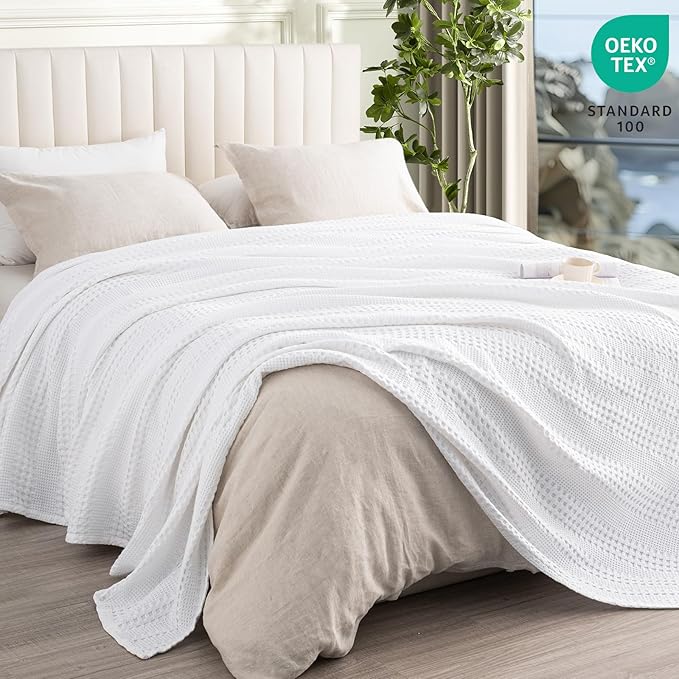 PHF Cooling Waffle Blanket Queen Size, Lightweight 60% Rayon Derived from Bamboo & 40% Cotton Breathable Blanket for Hot Sleepers, Soft and Luxury for Bed Couch and Sofa, 90"x90", White